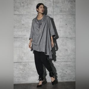 Cynthia Ashby Linen Cotton Tunic Top Gray Lagenlook Asymmetrical Artwear USA M